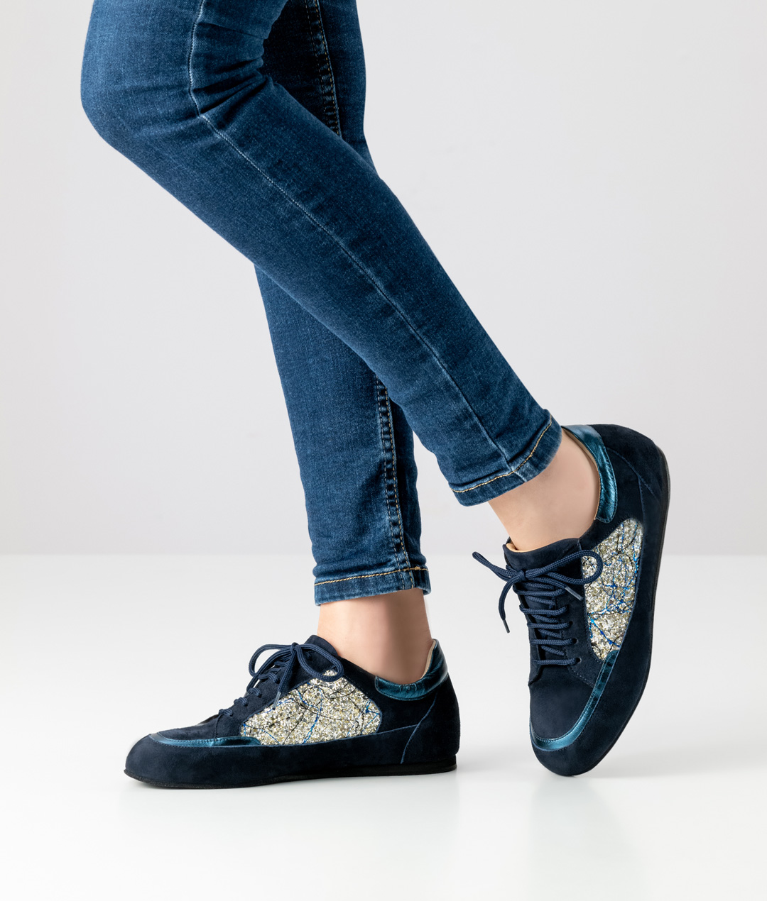 Dark blue suede dance sneaker with brocade inserts and removable insole. Perfect for training.