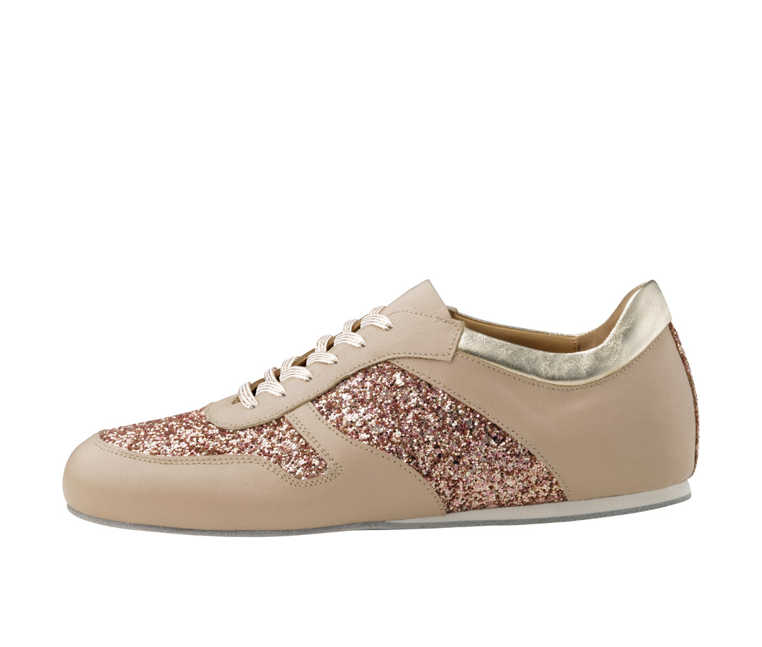 Dance shoe sneakers in beige nappa leather and rose gold brocade by Werner Kern for long nights of dancing.