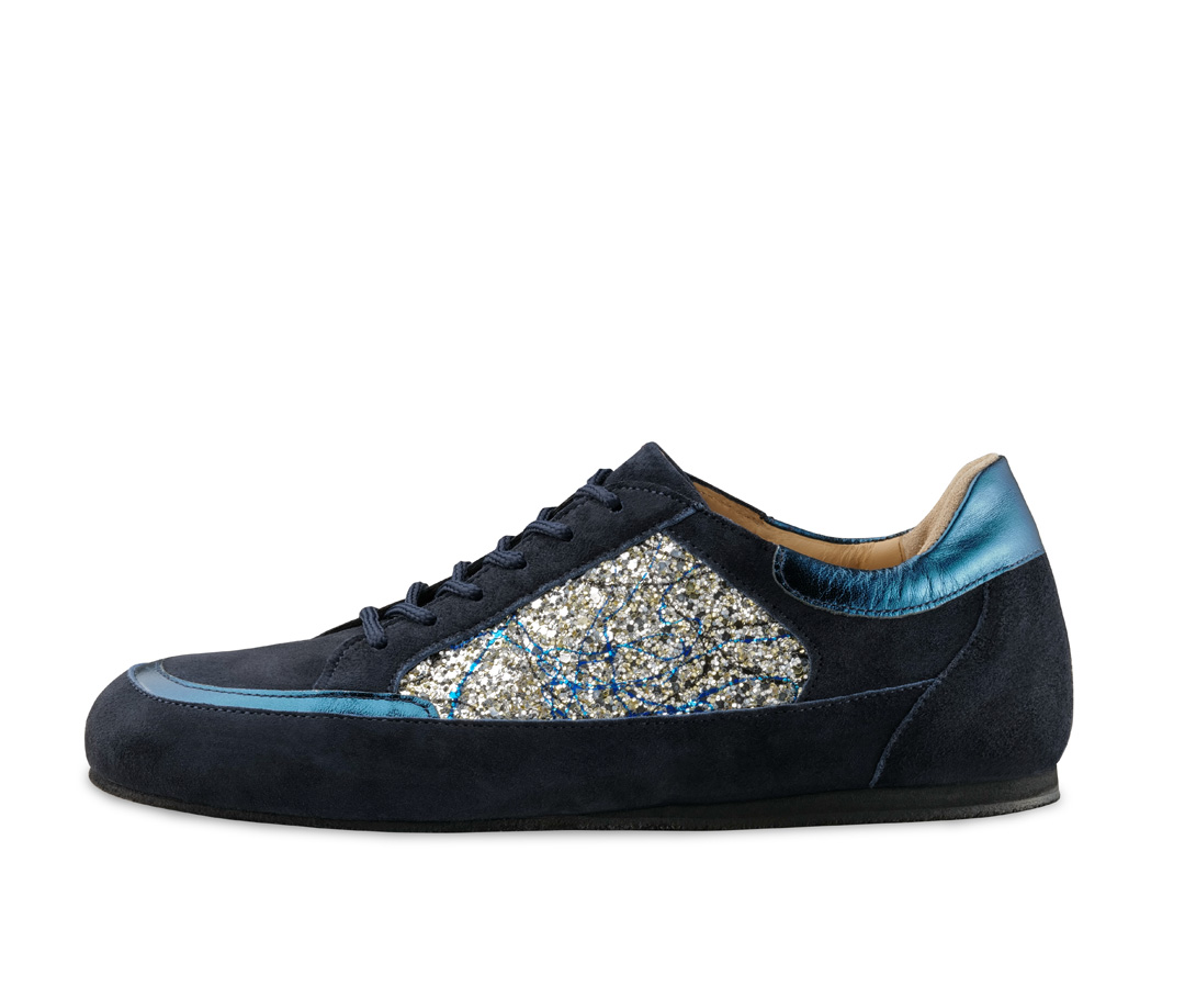 Dark blue suede dance sneaker with brocade inserts and removable insole. Perfect for training.