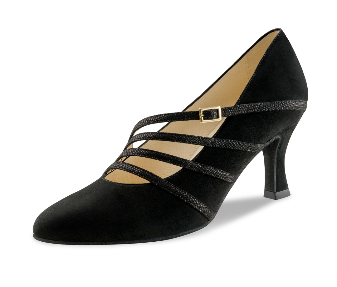 Black suede closed-toe dance shoe by Werner Kern with a 6.5 cm heel and asymmetrical straps for a particularly elegant look. 