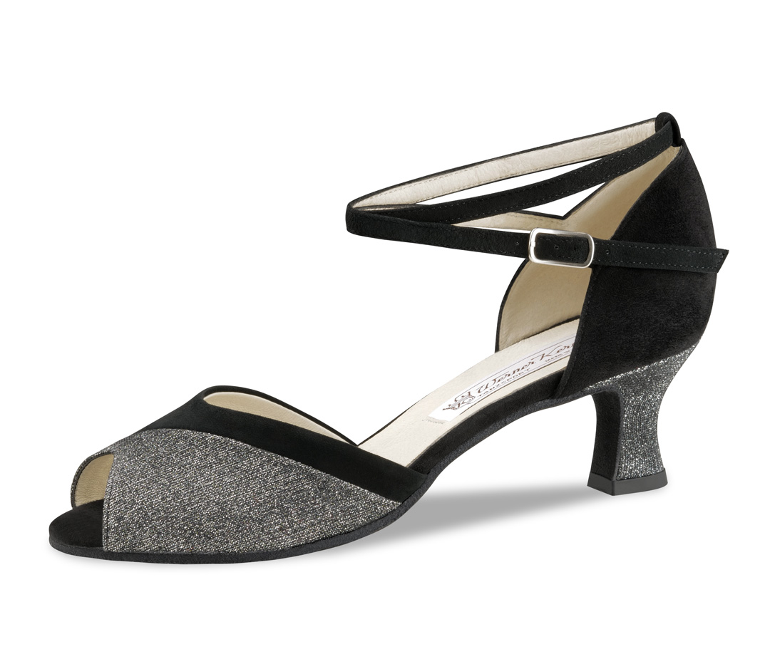 Open, elegant dance shoe in asymmetric design in black-silver with 5.5 cm heel by Werner Kern.