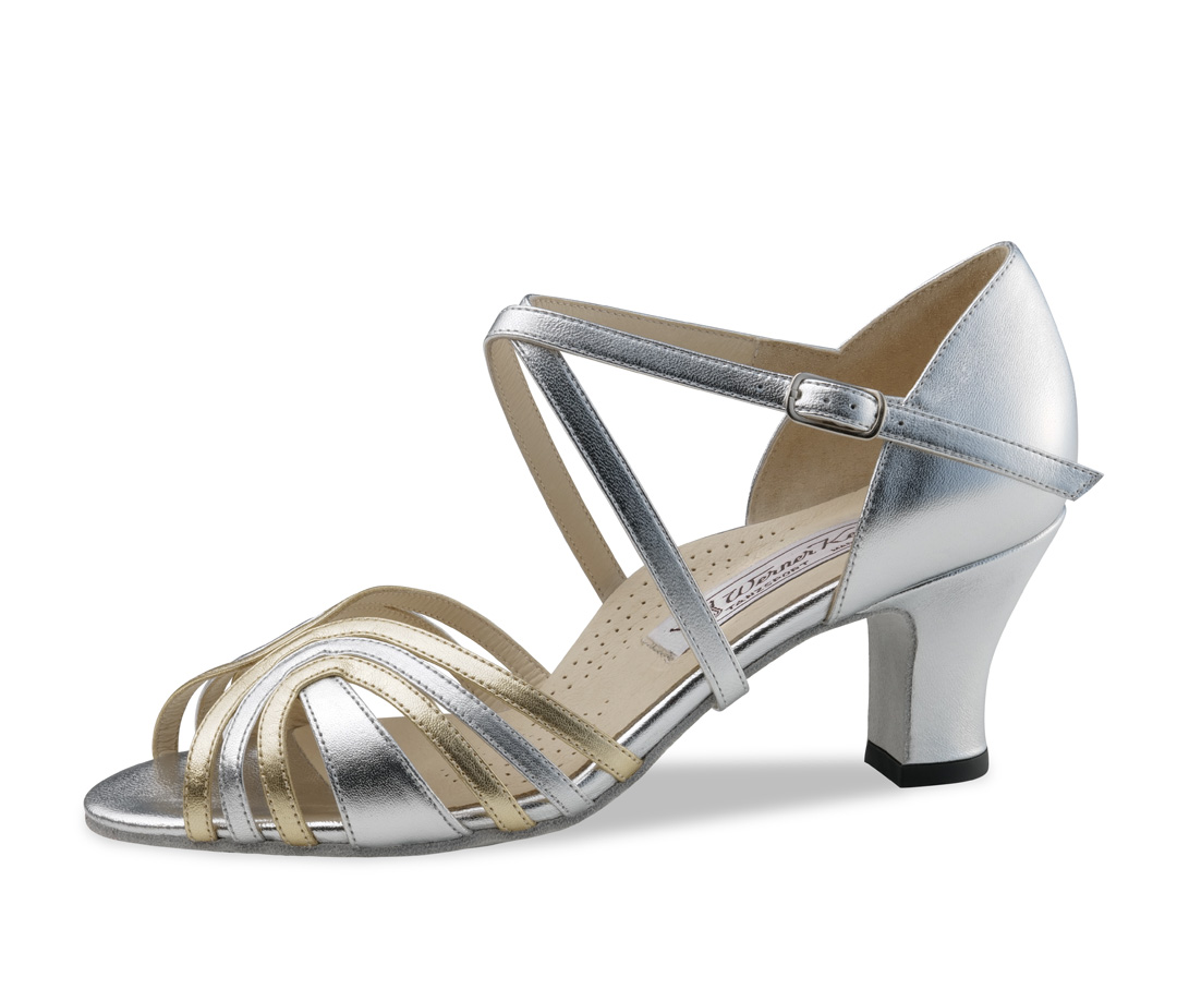 Dance shoe sandal Kim in silver leather with 6 cm heel and comfort fit by Werner Kern.