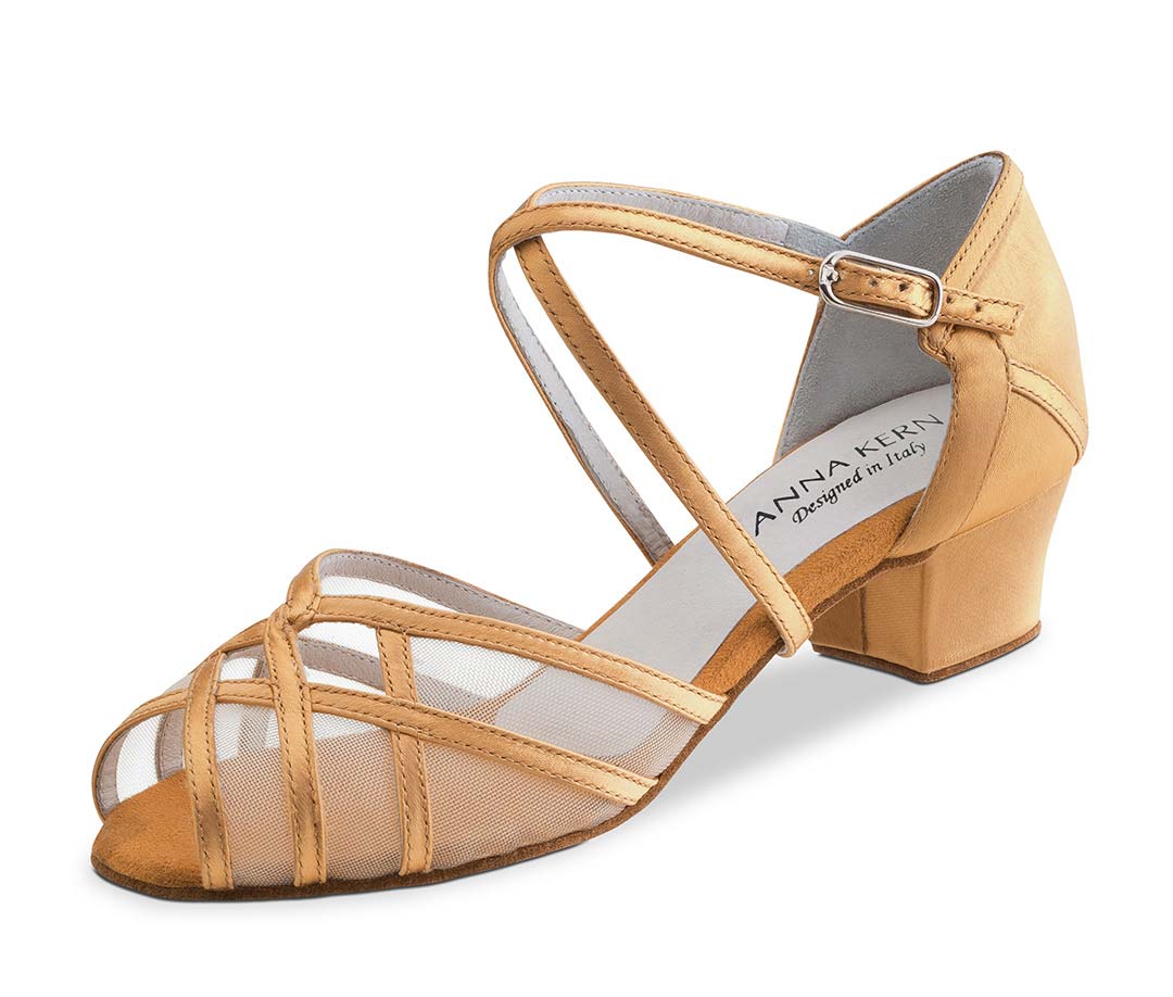Dainty, low dance sandal in bronze-colored satin 