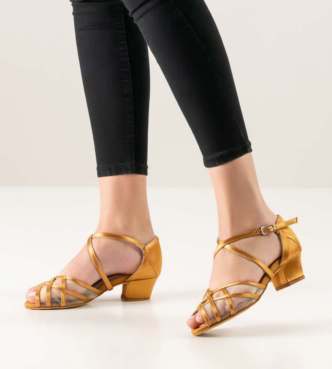 Dainty, low dance sandal in bronze-colored satin 